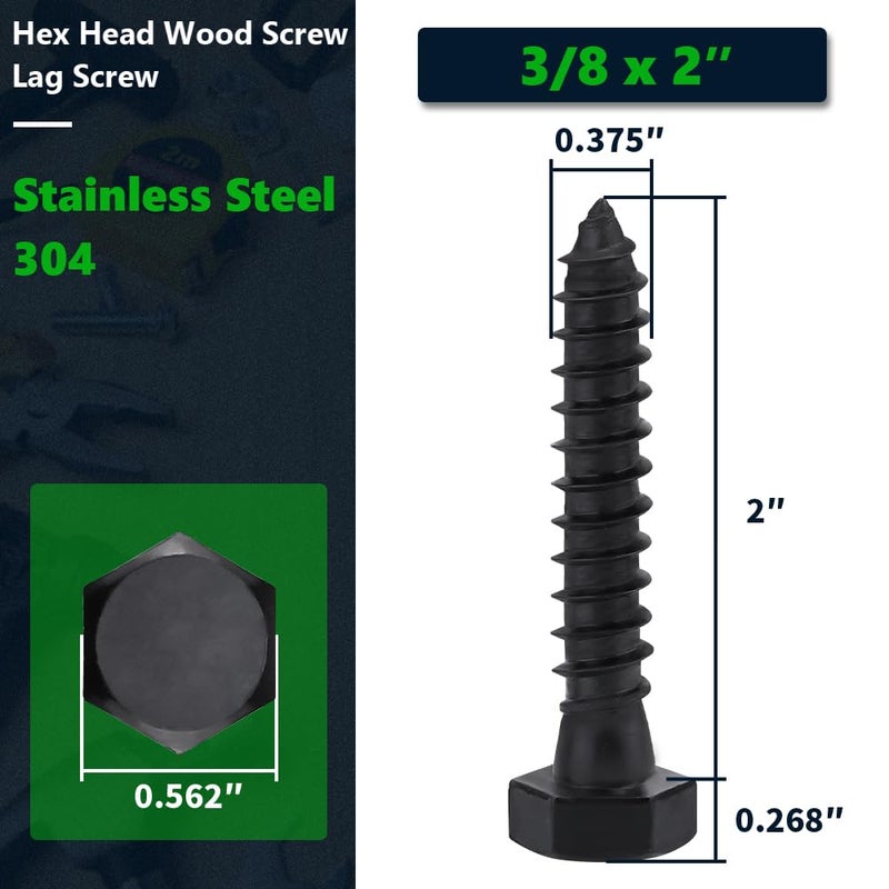 RoyceMart 10-Sets 3/8 x 2 Black Hex Head Lag Screws & Flat Washers, Heavy Duty Wood Lag Screws, 304 Stainless Steel (18-8), 3/8" Bolt - Image 2